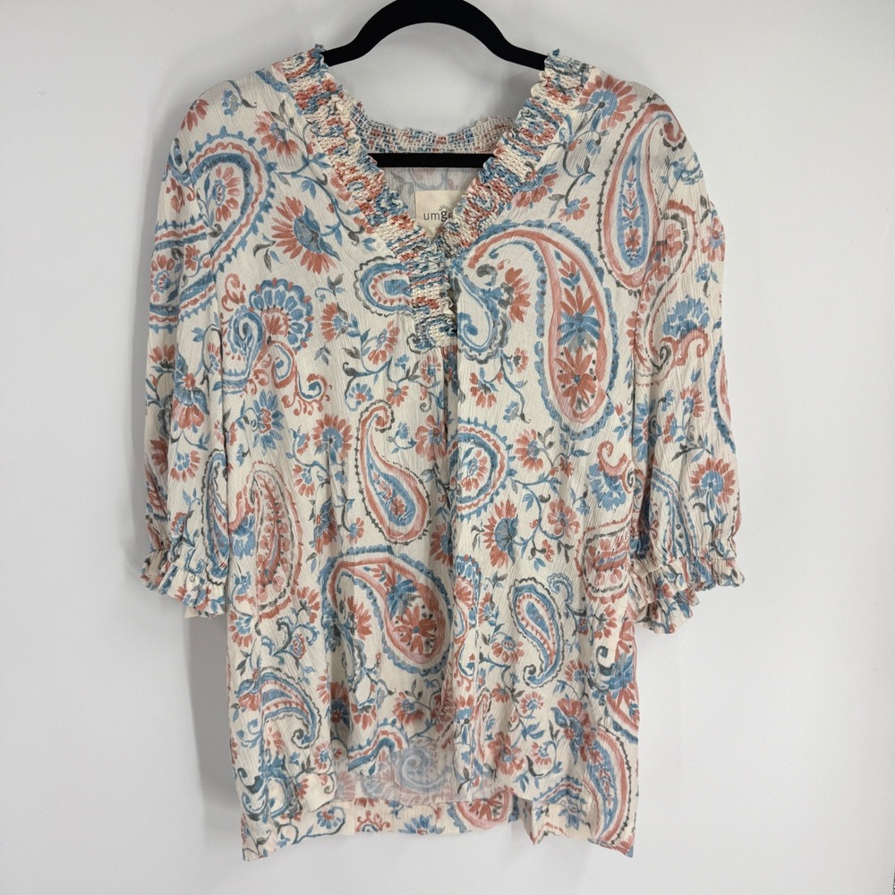 Umgee Womens Plus 2XL Paisley Smocked V-Neck Ruffle Sleeve Blouse WK1455 Blue 2X